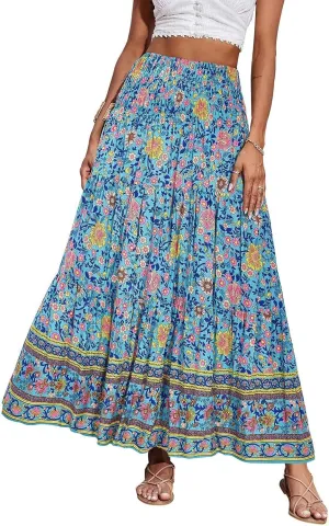 Women's 2025 Summer Bohemian Floral Printed Stretch Waist Tiered Pleated Swing Maxi Skirt with Pockets, S-2XL