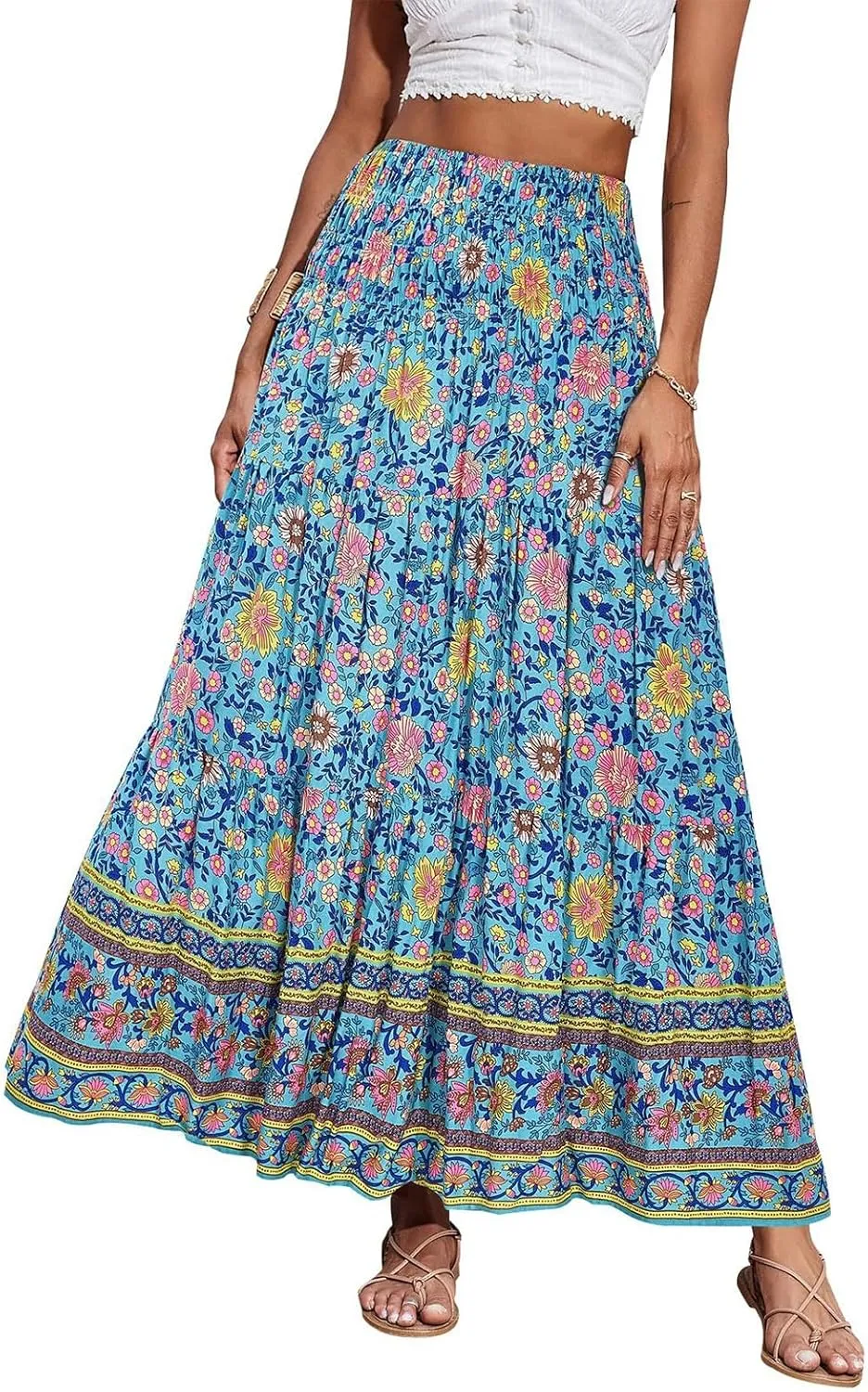 Women's 2025 Summer Bohemian Floral Printed Stretch Waist Tiered Pleated Swing Maxi Skirt with Pockets, S-2XL