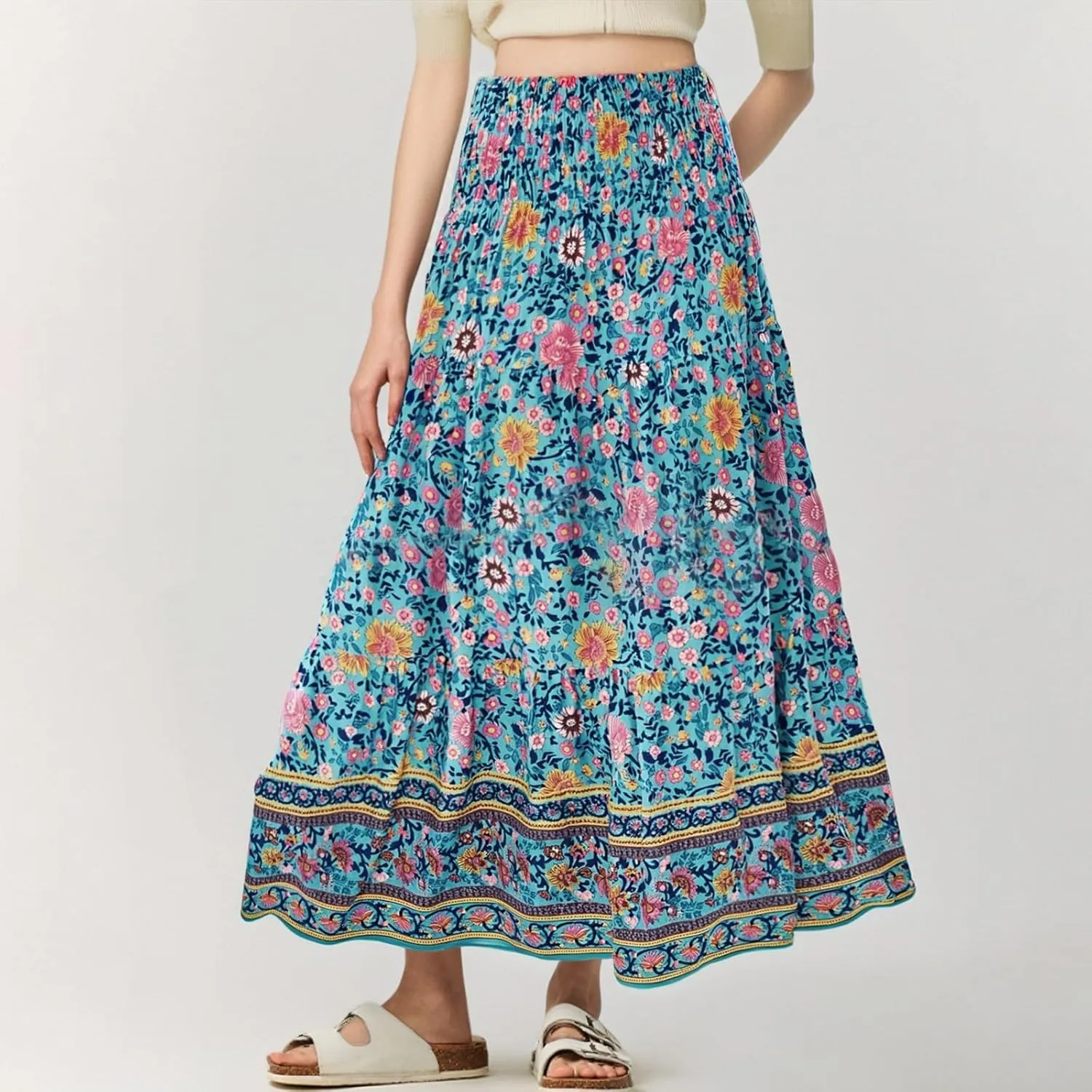 Women's 2025 Summer Bohemian Floral Printed Stretch Waist Tiered Pleated Swing Maxi Skirt with Pockets, S-2XL