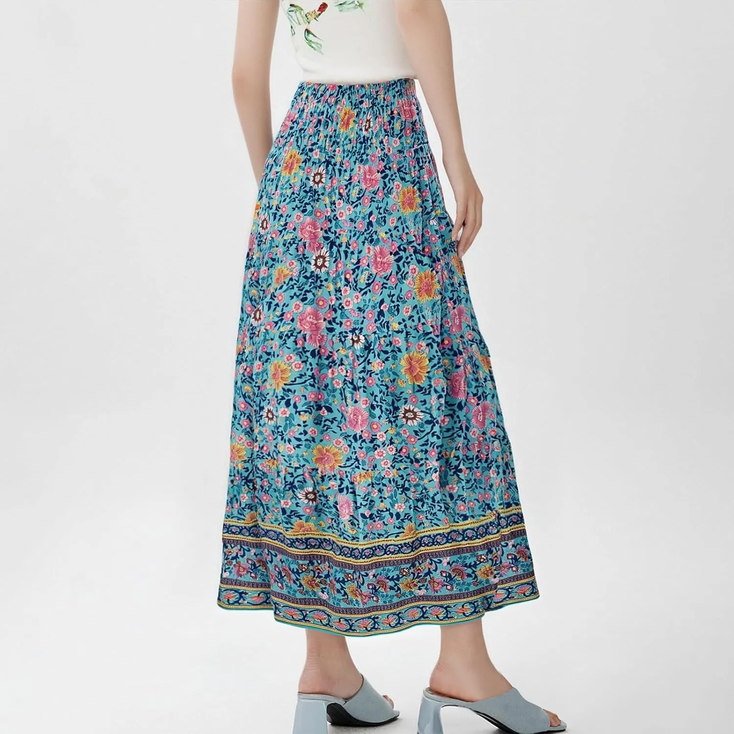 Women's 2025 Summer Bohemian Floral Printed Stretch Waist Tiered Pleated Swing Maxi Skirt with Pockets, S-2XL