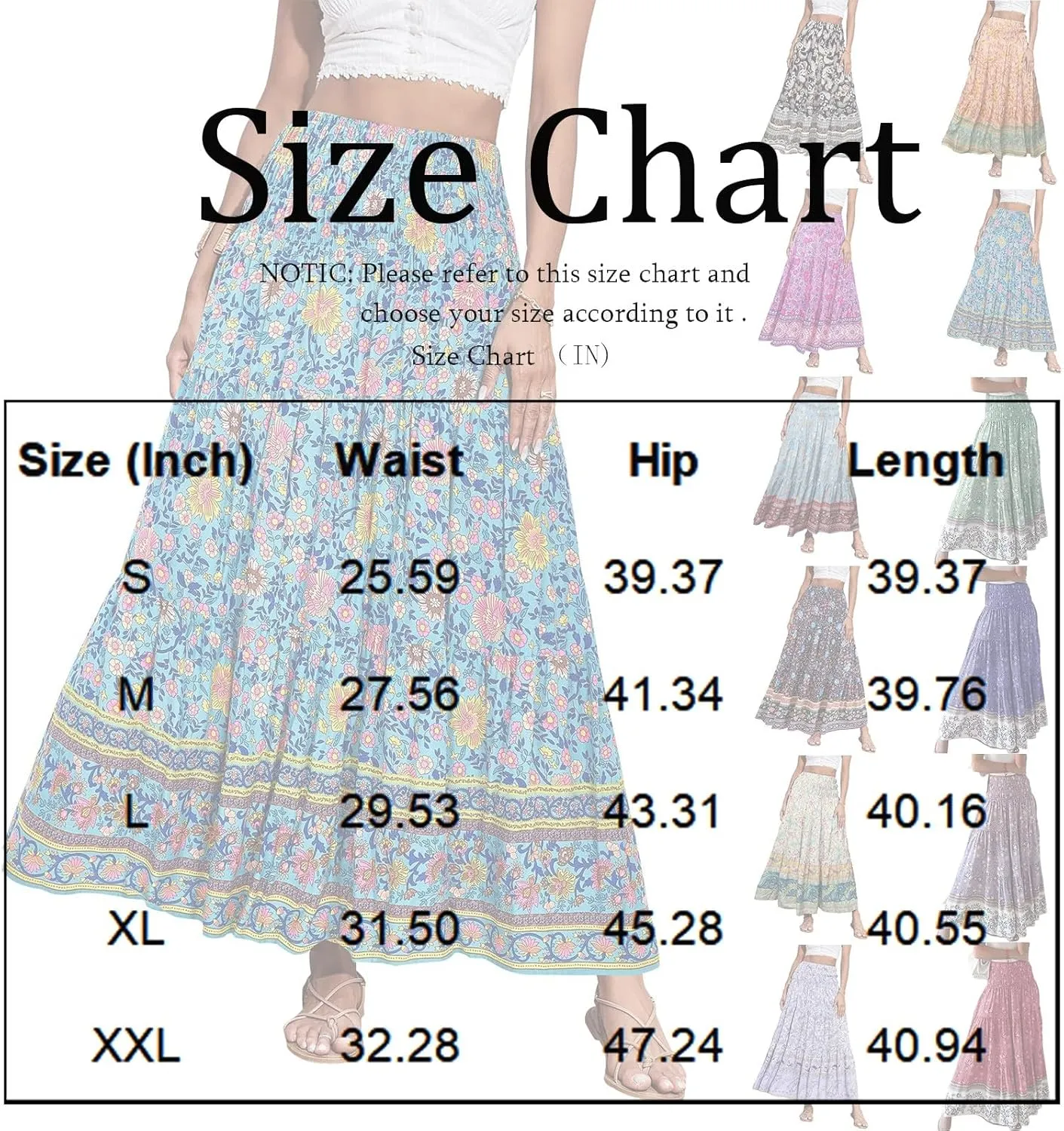 Women's 2025 Summer Bohemian Floral Printed Stretch Waist Tiered Pleated Swing Maxi Skirt with Pockets, S-2XL