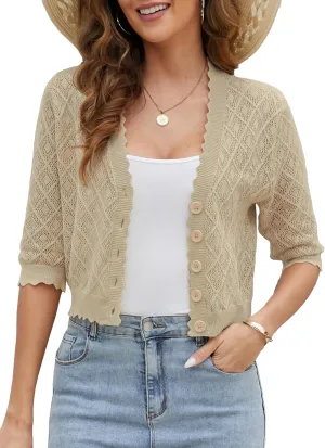 Women's 3/4 Sleeve Cropped Cardigan, Lightweight Cardigans Sweaters Open Front Crochet Knit Bolero Shrugs for Dresses