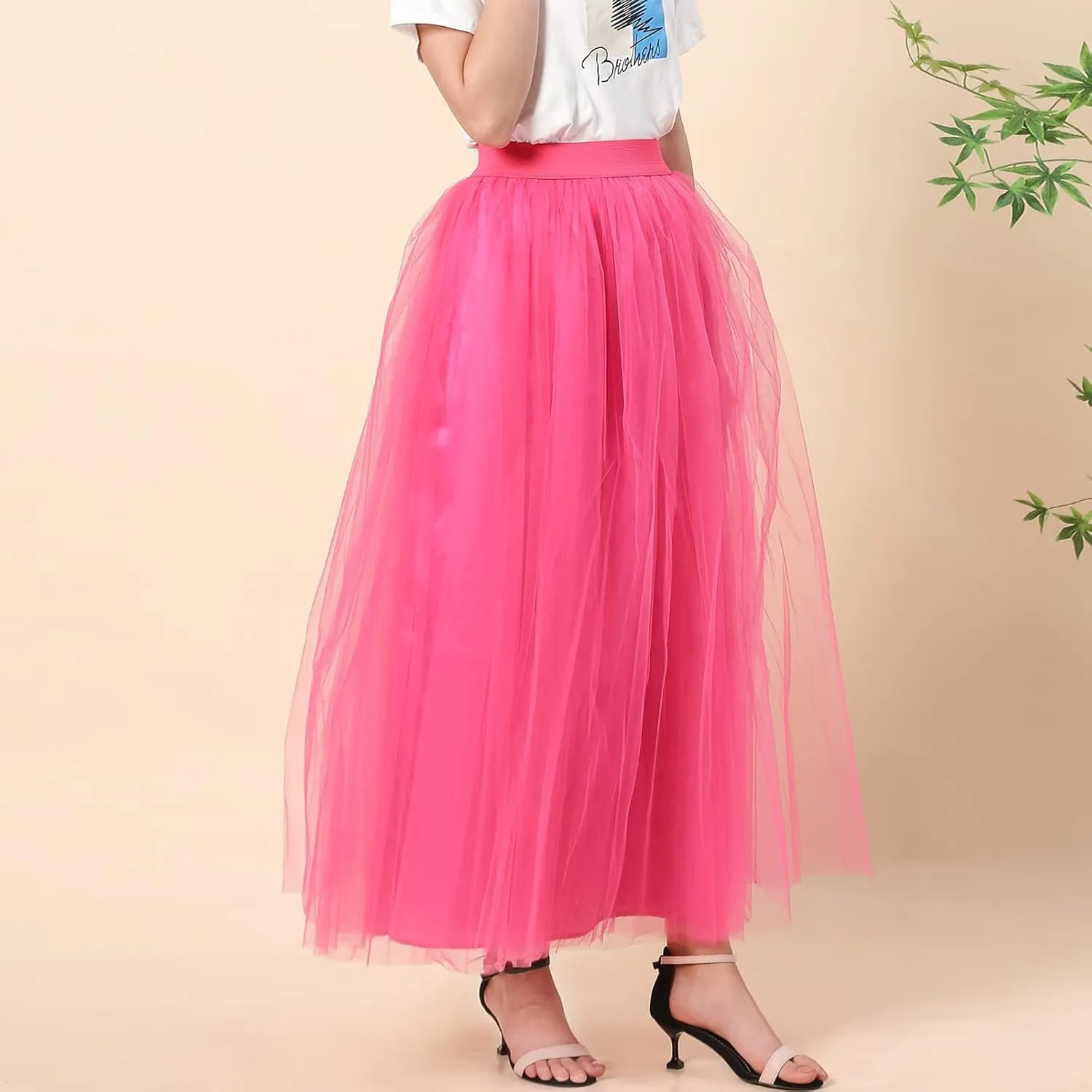 Women's A-Line High Waisted Midi Skirt Womens Long Tulle Skirt Pleated A Line Skirt High Waist Elastic Mesh Flowy
