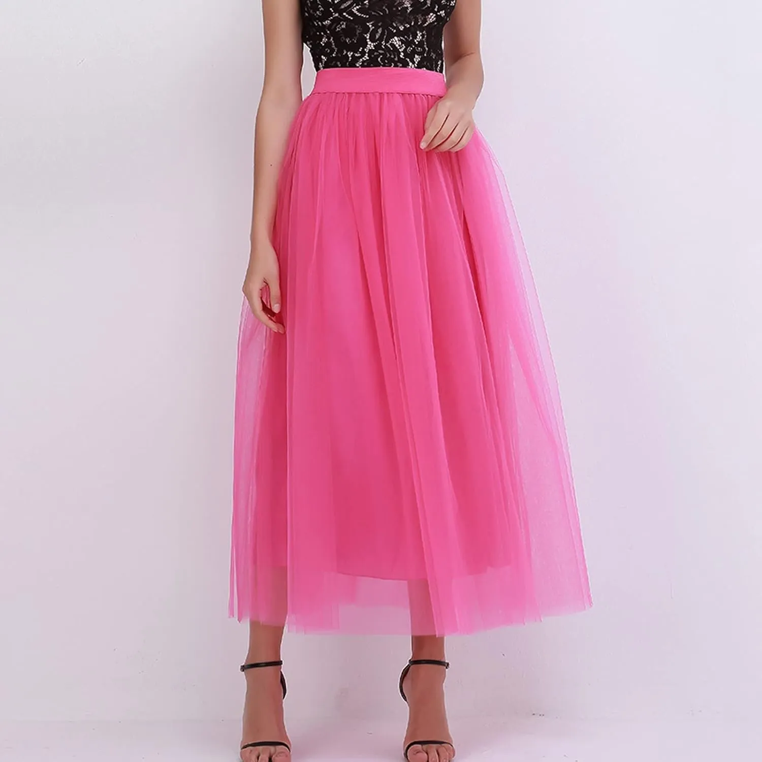 Women's A-Line High Waisted Midi Skirt Womens Long Tulle Skirt Pleated A Line Skirt High Waist Elastic Mesh Flowy