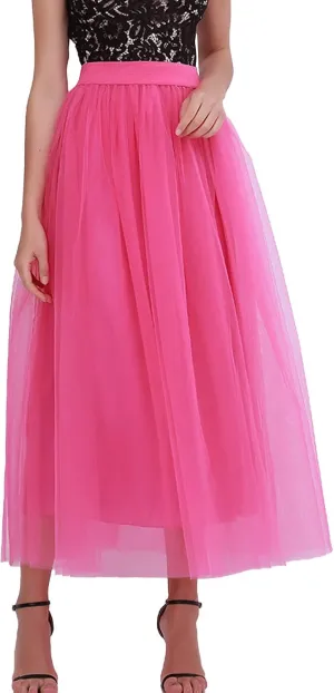 Women's A-Line High Waisted Midi Skirt Womens Long Tulle Skirt Pleated A Line Skirt High Waist Elastic Mesh Flowy