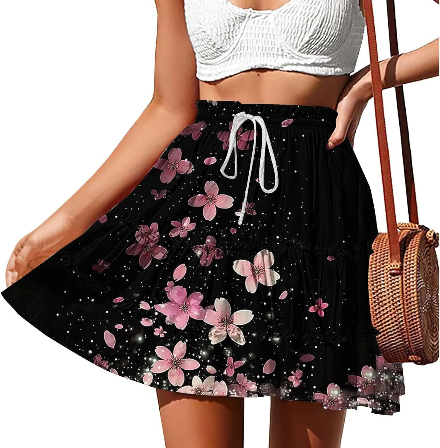 Womens Boho Floral Skirts Pleated Ruffle Tiered High Waisted Drawstring Summer Beach Vacation Mini Skirts