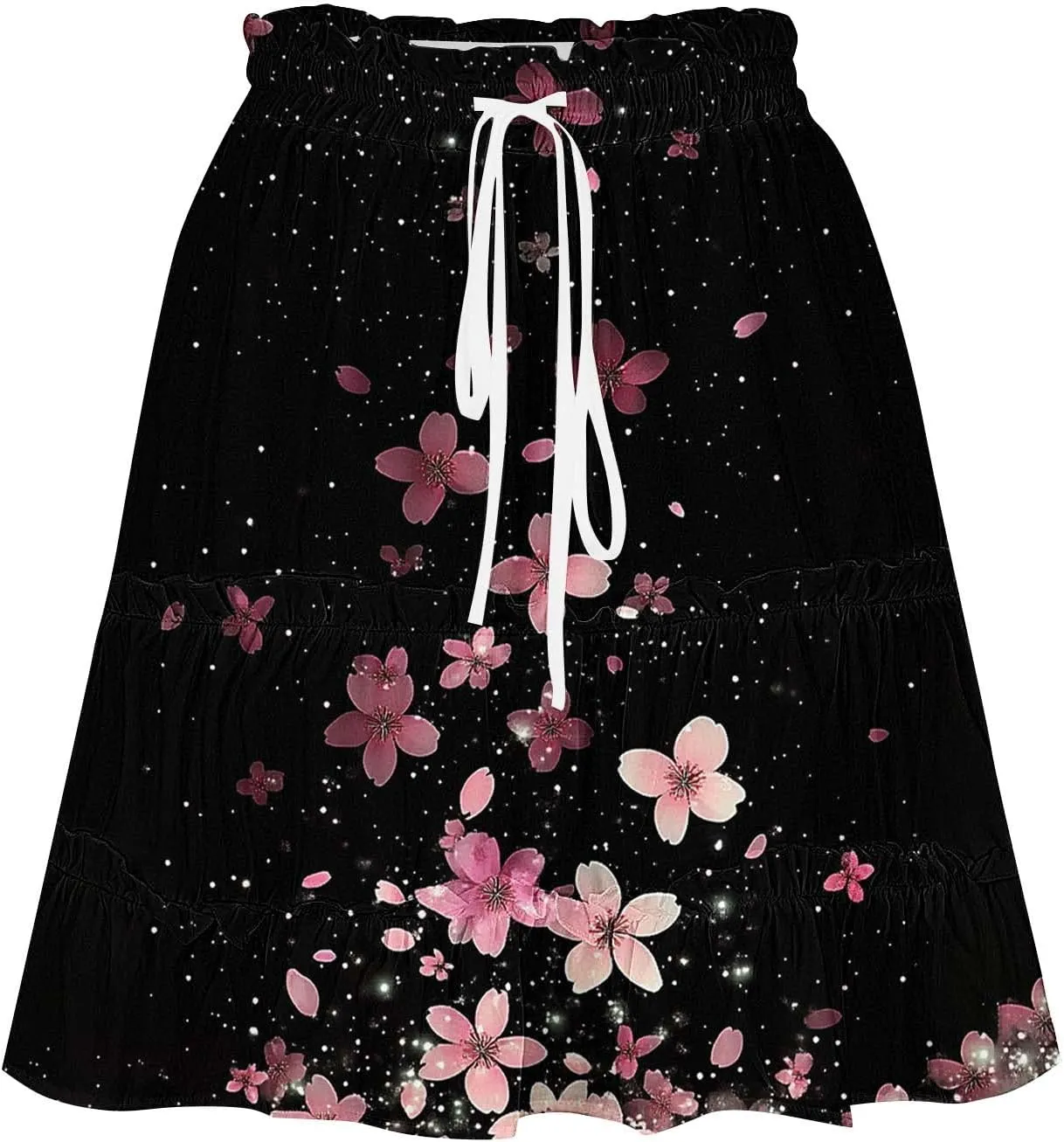 Womens Boho Floral Skirts Pleated Ruffle Tiered High Waisted Drawstring Summer Beach Vacation Mini Skirts