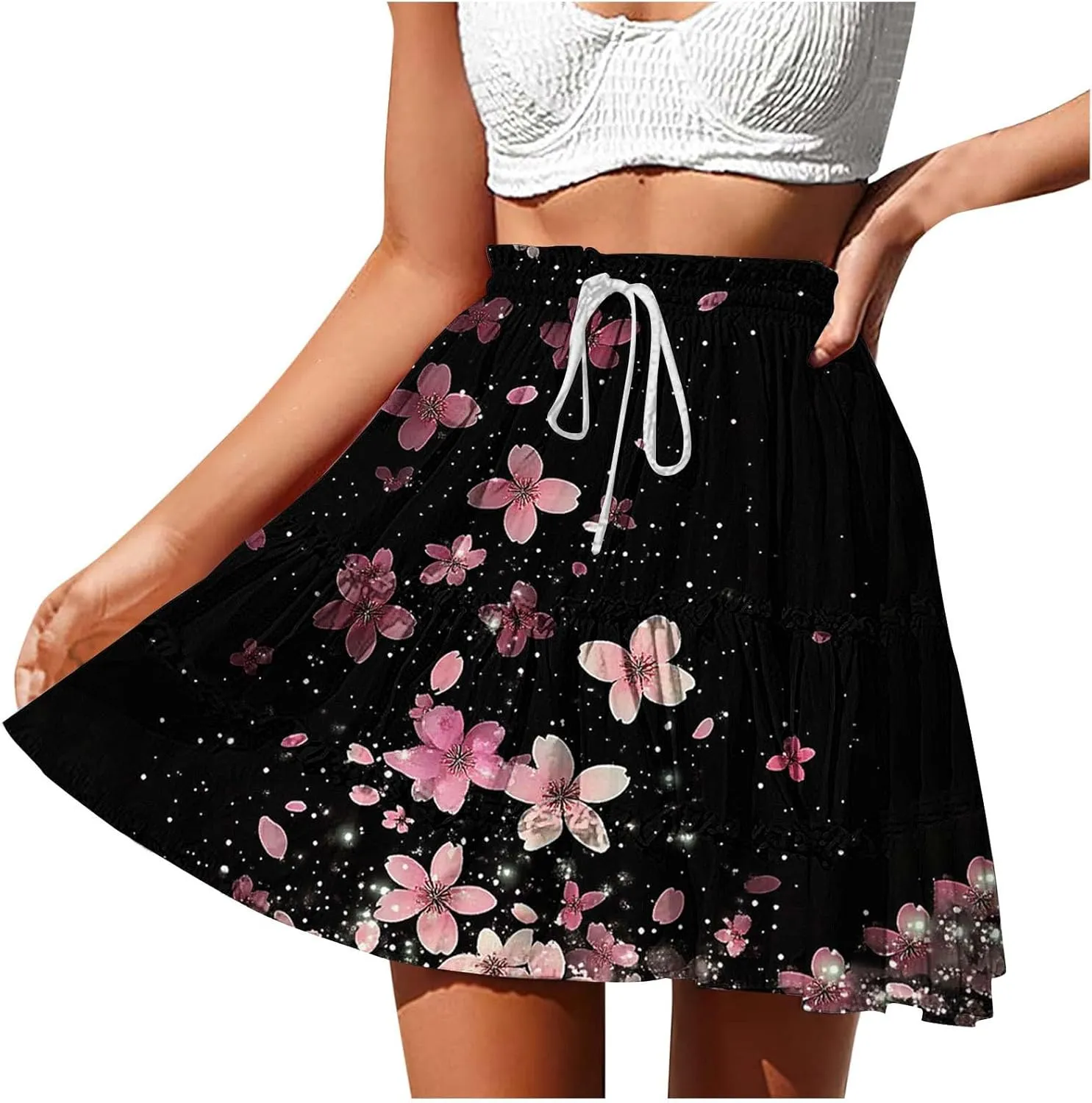 Womens Boho Floral Skirts Pleated Ruffle Tiered High Waisted Drawstring Summer Beach Vacation Mini Skirts