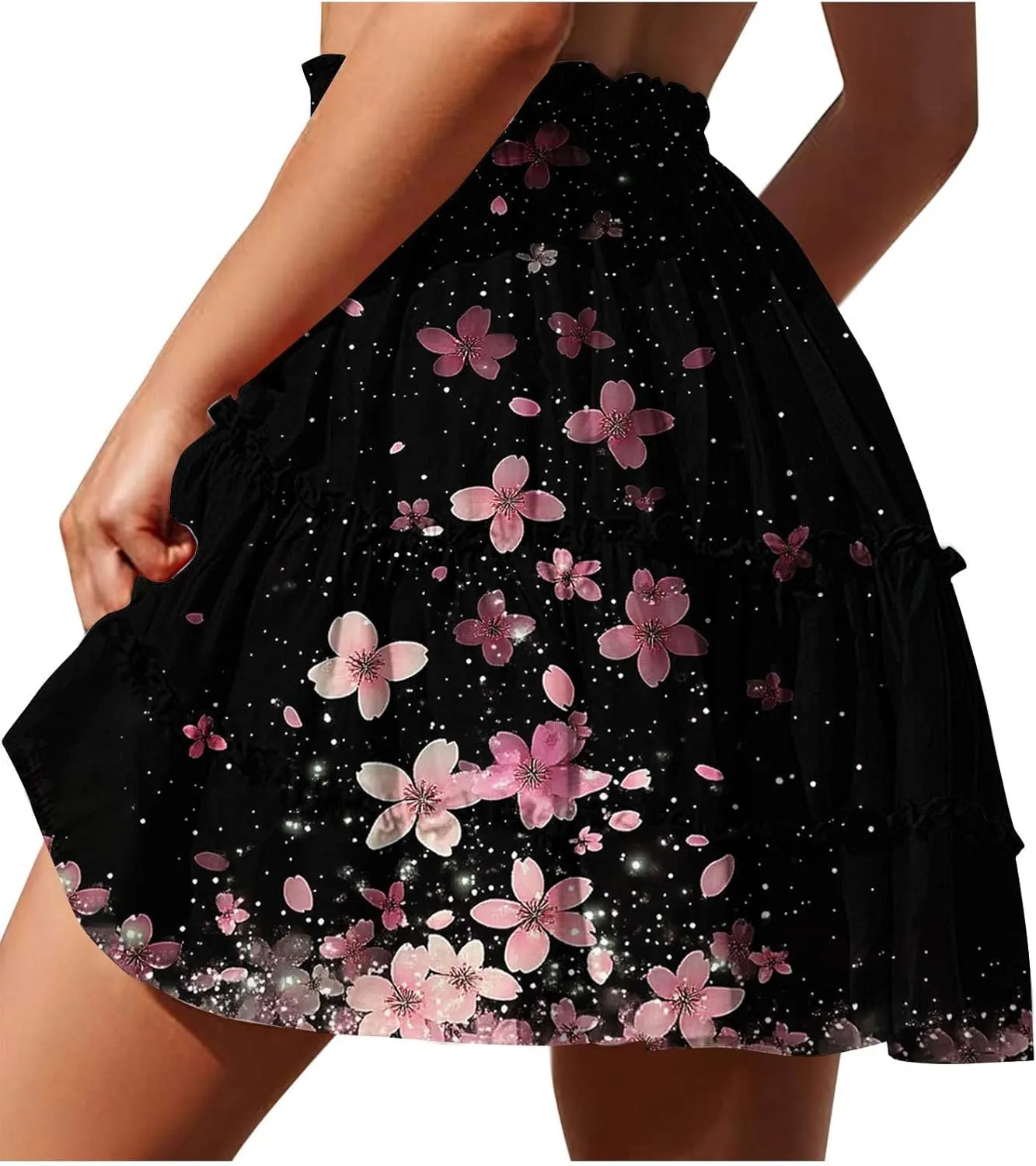 Womens Boho Floral Skirts Pleated Ruffle Tiered High Waisted Drawstring Summer Beach Vacation Mini Skirts