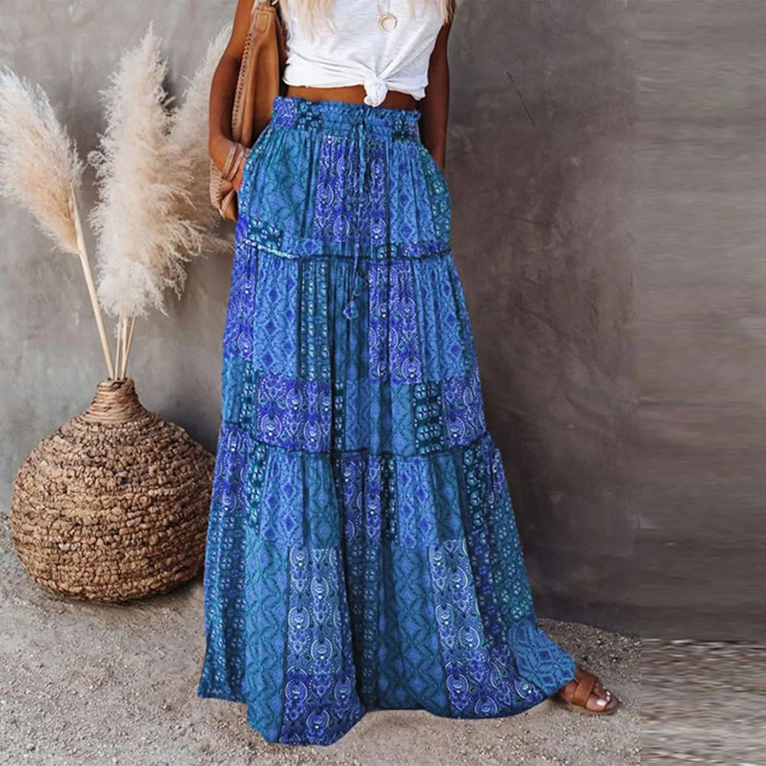 Women's Boho Maxi Skirts Floral Printed Summer Pleated Flowy A-Line Skirt High Waist Casual Long Skirts with Pockets
