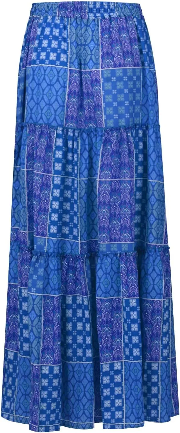 Women's Boho Maxi Skirts Floral Printed Summer Pleated Flowy A-Line Skirt High Waist Casual Long Skirts with Pockets