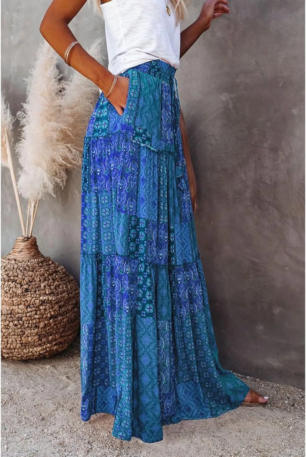 Women's Boho Maxi Skirts Floral Printed Summer Pleated Flowy A-Line Skirt High Waist Casual Long Skirts with Pockets