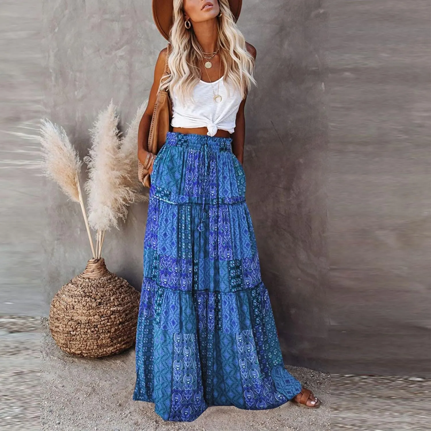 Women's Boho Maxi Skirts Floral Printed Summer Pleated Flowy A-Line Skirt High Waist Casual Long Skirts with Pockets