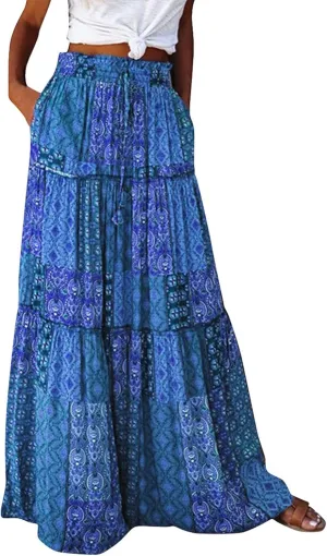 Women's Boho Maxi Skirts Floral Printed Summer Pleated Flowy A-Line Skirt High Waist Casual Long Skirts with Pockets