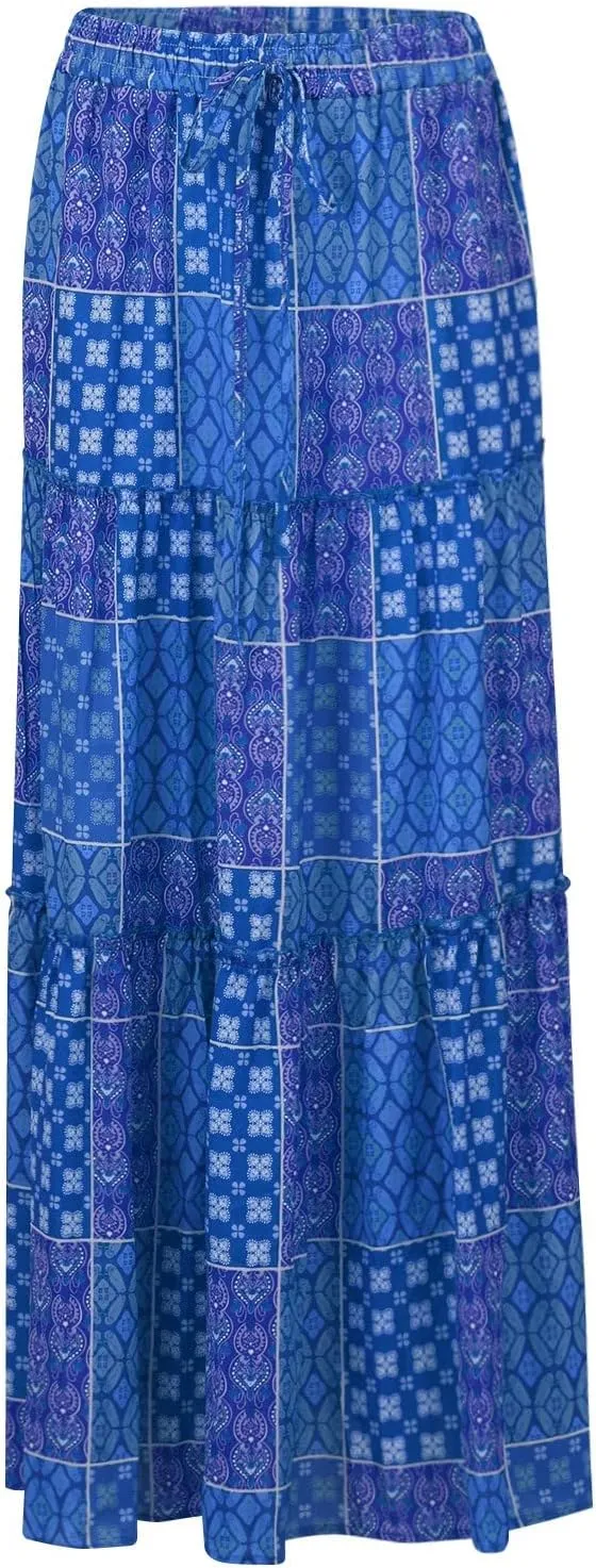Women's Boho Maxi Skirts Floral Printed Summer Pleated Flowy A-Line Skirt High Waist Casual Long Skirts with Pockets