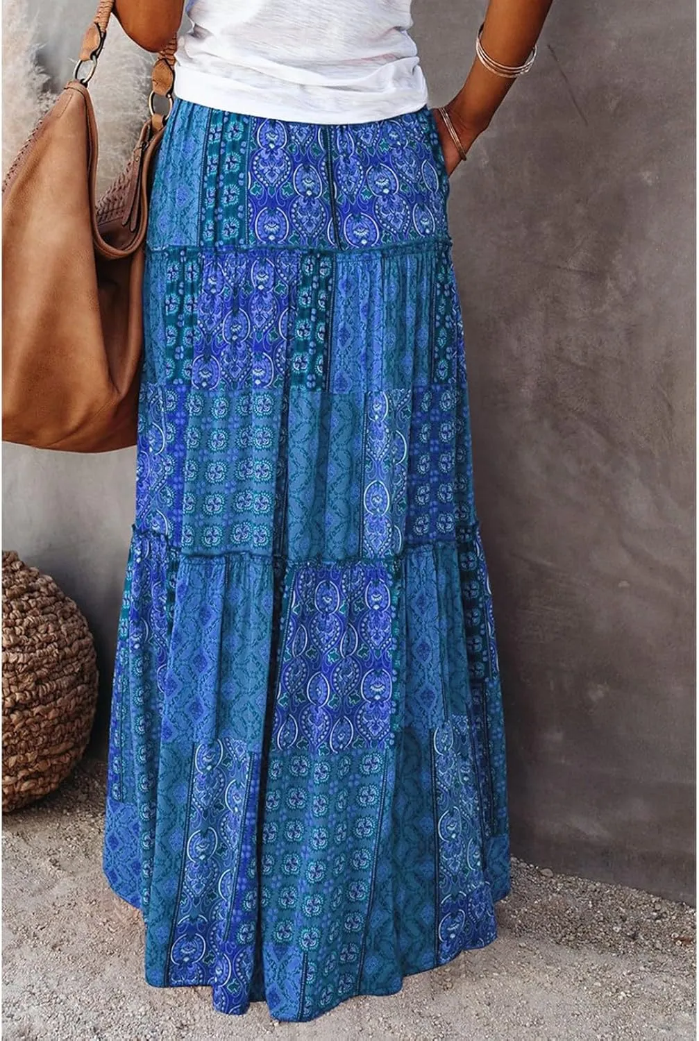 Women's Boho Maxi Skirts Floral Printed Summer Pleated Flowy A-Line Skirt High Waist Casual Long Skirts with Pockets