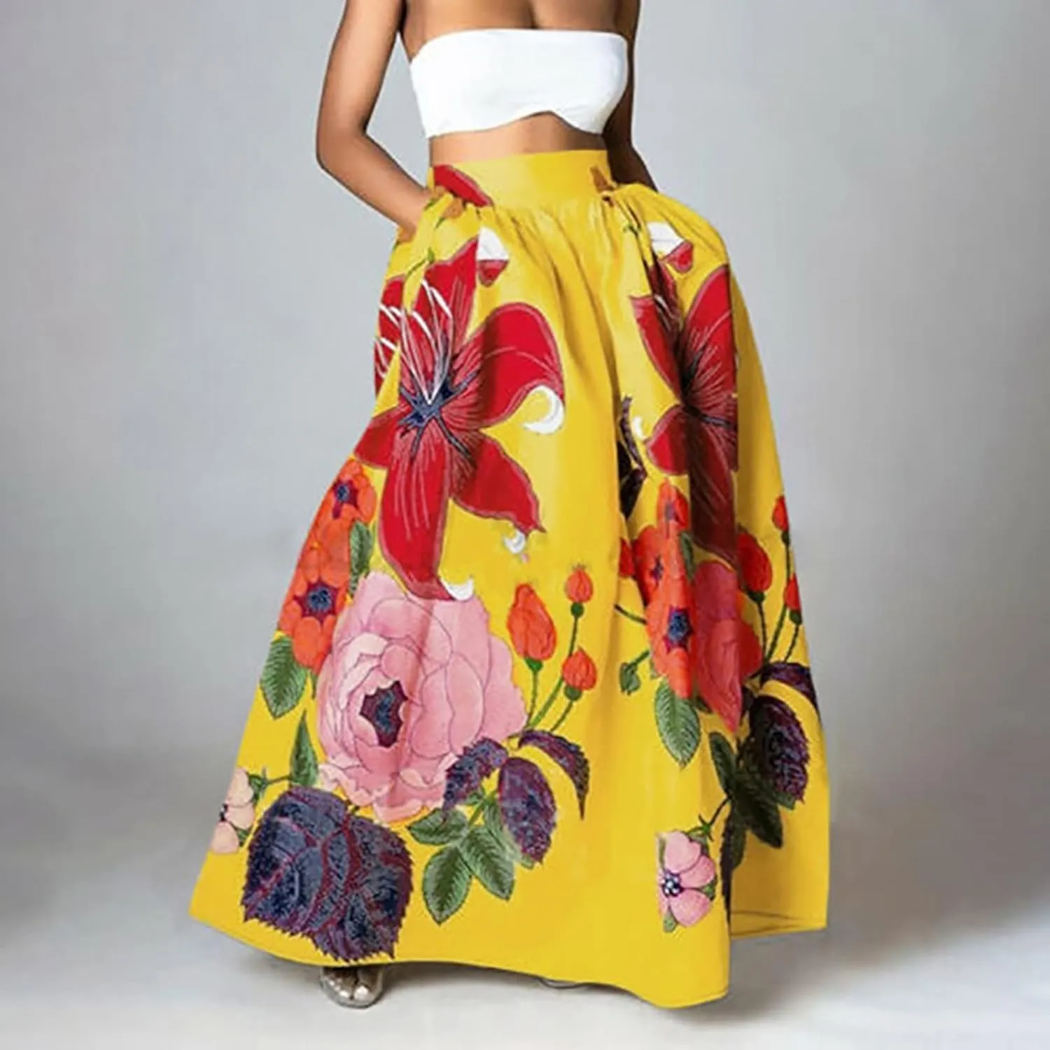 Women's Boho Skirt Summer Casual Loose Trendy Elastic High Waist Floral Print Bohemian Sun Beach Maxi Skirts 2025