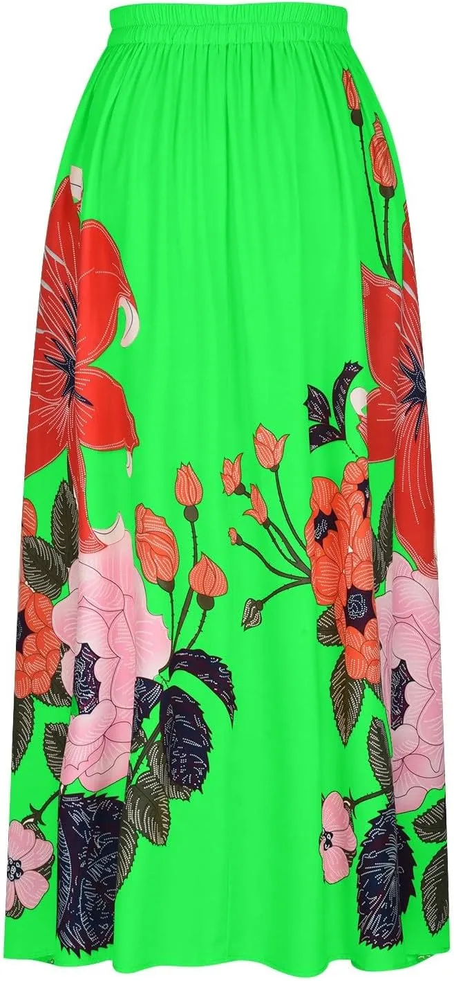 Women's Boho Skirt Summer Casual Loose Trendy Elastic High Waist Floral Print Bohemian Sun Beach Maxi Skirts 2025