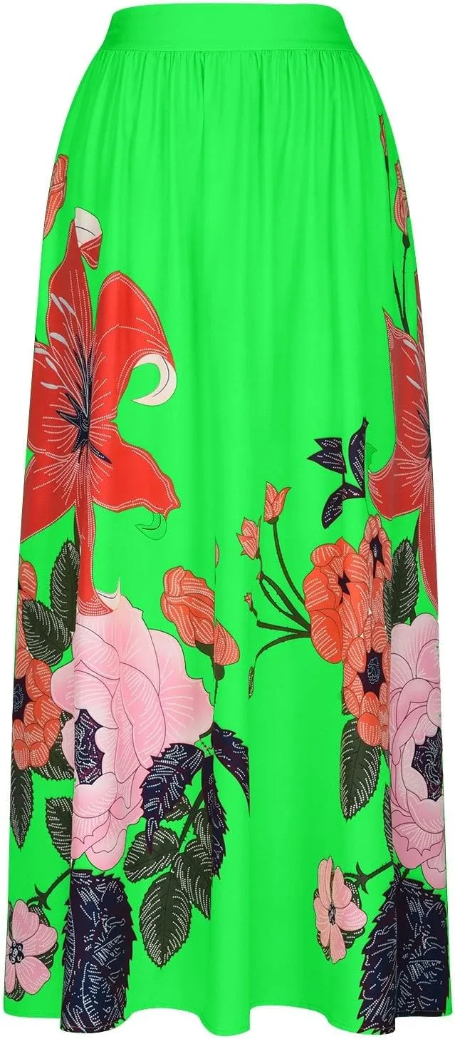 Women's Boho Skirt Summer Casual Loose Trendy Elastic High Waist Floral Print Bohemian Sun Beach Maxi Skirts 2025