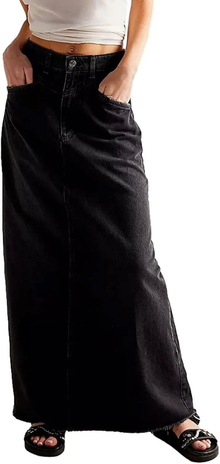 Women's Boho Skirts Summer Casual Loose Trendy Elastic Waist Solid Color Sun Beach Long Maxi Denim Skirt, S-XL
