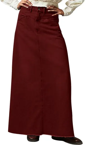 Women's Boho Skirts Summer Casual Loose Trendy Elastic Waist Solid Color Sun Beach Long Maxi Denim Skirt, S-XL