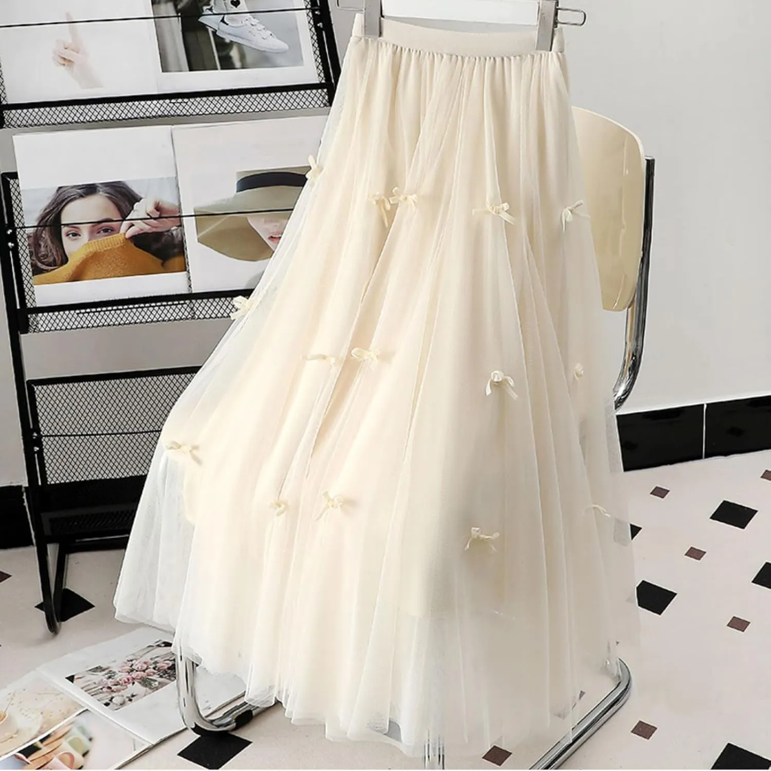 Women's Bow Tulle Skirts Summer Ruffle Elastic High Waist A-Line Swing Skirt Layered Pleated Flowy Party Long Dress