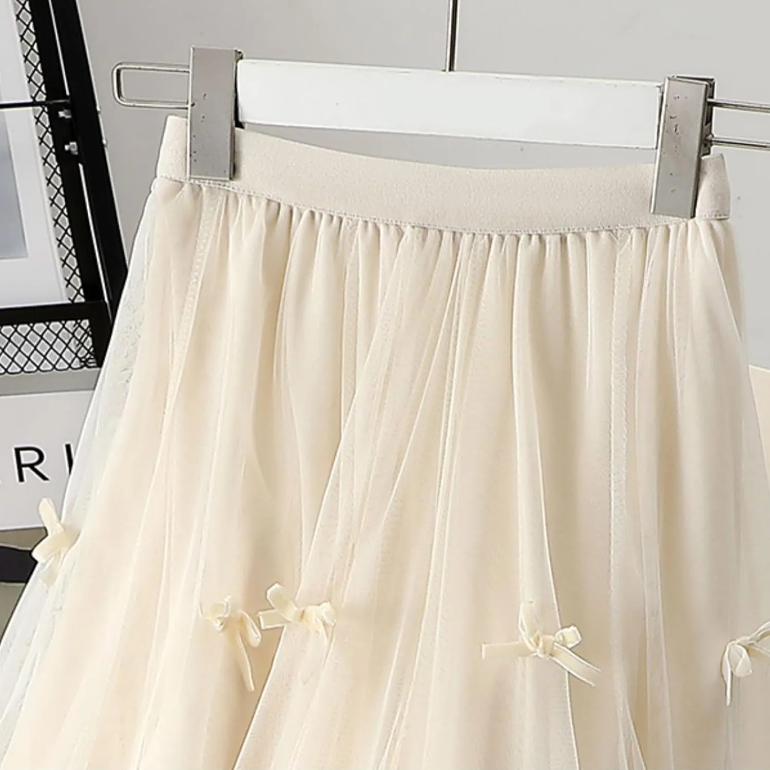 Women's Bow Tulle Skirts Summer Ruffle Elastic High Waist A-Line Swing Skirt Layered Pleated Flowy Party Long Dress