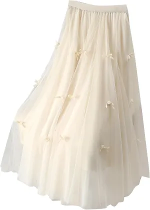 Women's Bow Tulle Skirts Summer Ruffle Elastic High Waist A-Line Swing Skirt Layered Pleated Flowy Party Long Dress