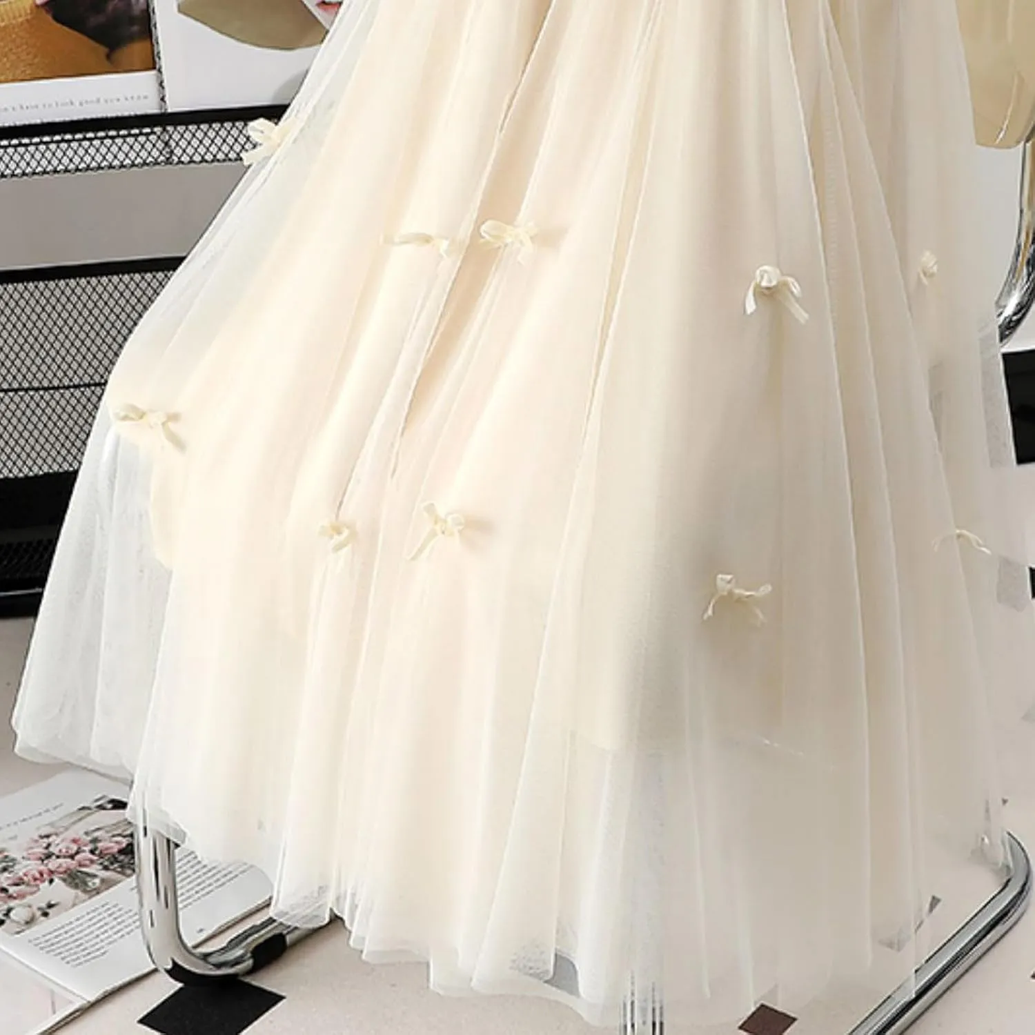 Women's Bow Tulle Skirts Summer Ruffle Elastic High Waist A-Line Swing Skirt Layered Pleated Flowy Party Long Dress