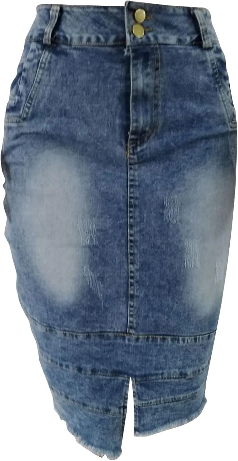 Women's Button Denim Skirts Wrap Bodycon Casual Skirt High Waisted Patchwork Stretch Cute Slit Jean Skirt
