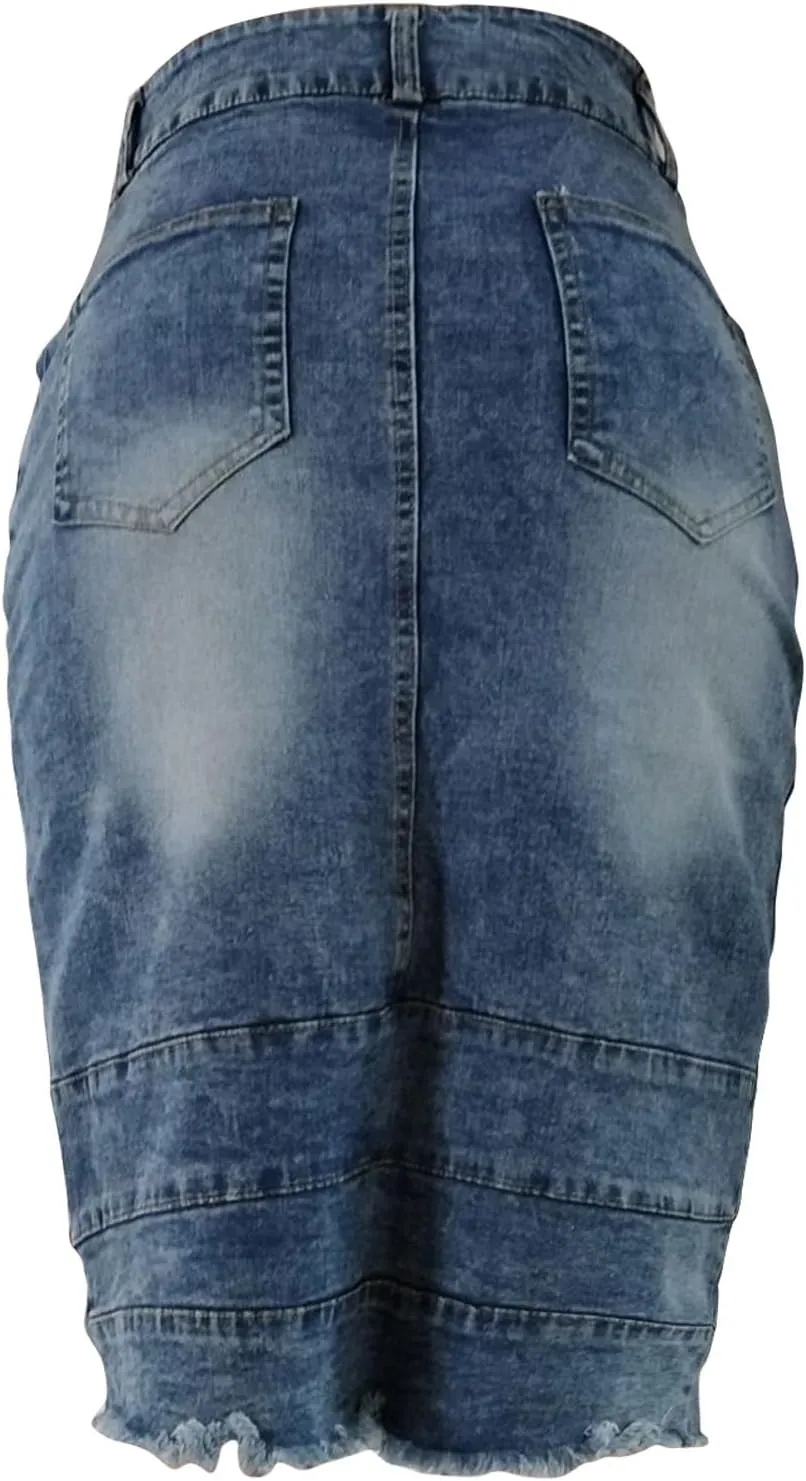 Women's Button Denim Skirts Wrap Bodycon Casual Skirt High Waisted Patchwork Stretch Cute Slit Jean Skirt