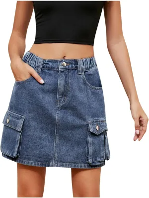 Womens Cargo Skirt Casual Denim Skirt Low Waist Pleated Jean Skirt Trendy A-line Mini Skirt Workwear Y2K Streetwear