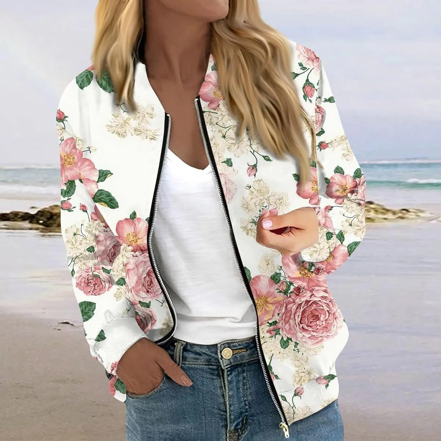Women's Casual Bomber Jacket Lightweight Windbreaker Jackets Long Sleeve Windproof Spring Fall Jackets with Pockets