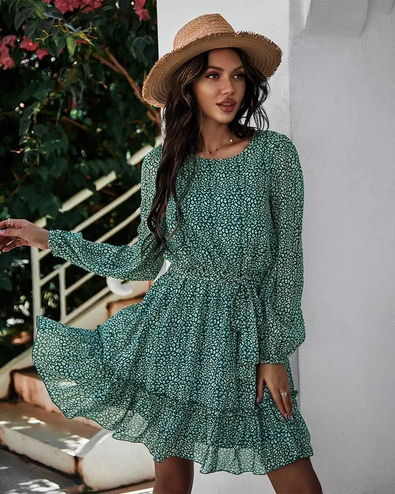 Women's Casual Floral Printed Ruffle Dress Waist Tie Roundneck Long Sleeve A Line Mini Dress
