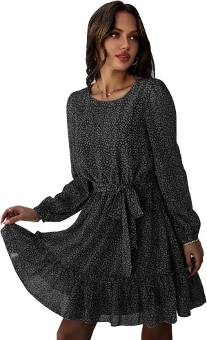 Women's Casual Floral Printed Ruffle Dress Waist Tie Roundneck Long Sleeve A Line Mini Dress