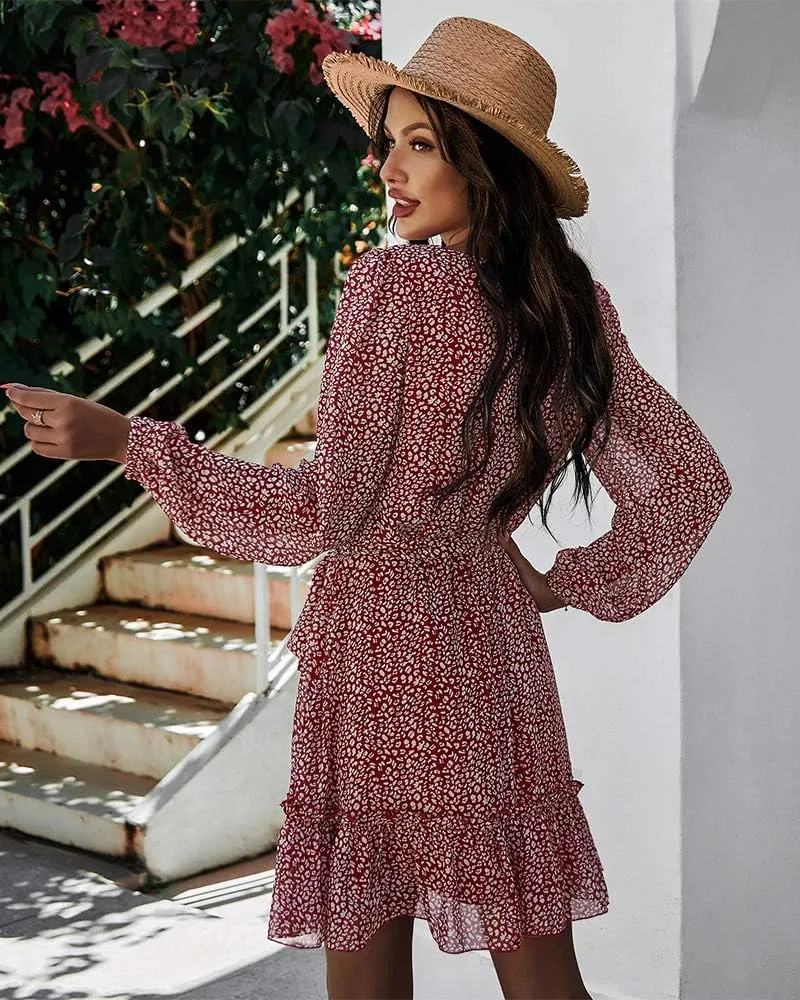 Women's Casual Floral Printed Ruffle Dress Waist Tie Roundneck Long Sleeve A Line Mini Dress