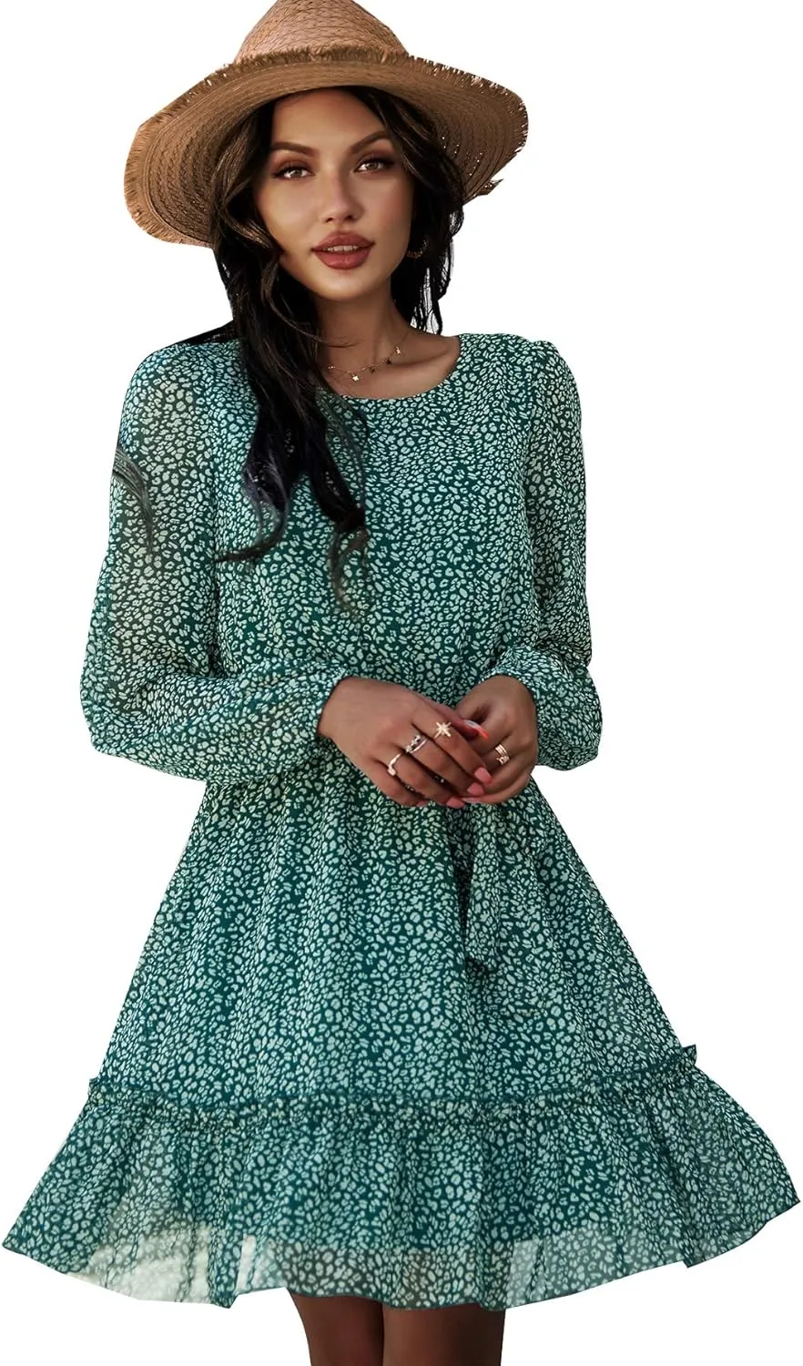 Women's Casual Floral Printed Ruffle Dress Waist Tie Roundneck Long Sleeve A Line Mini Dress