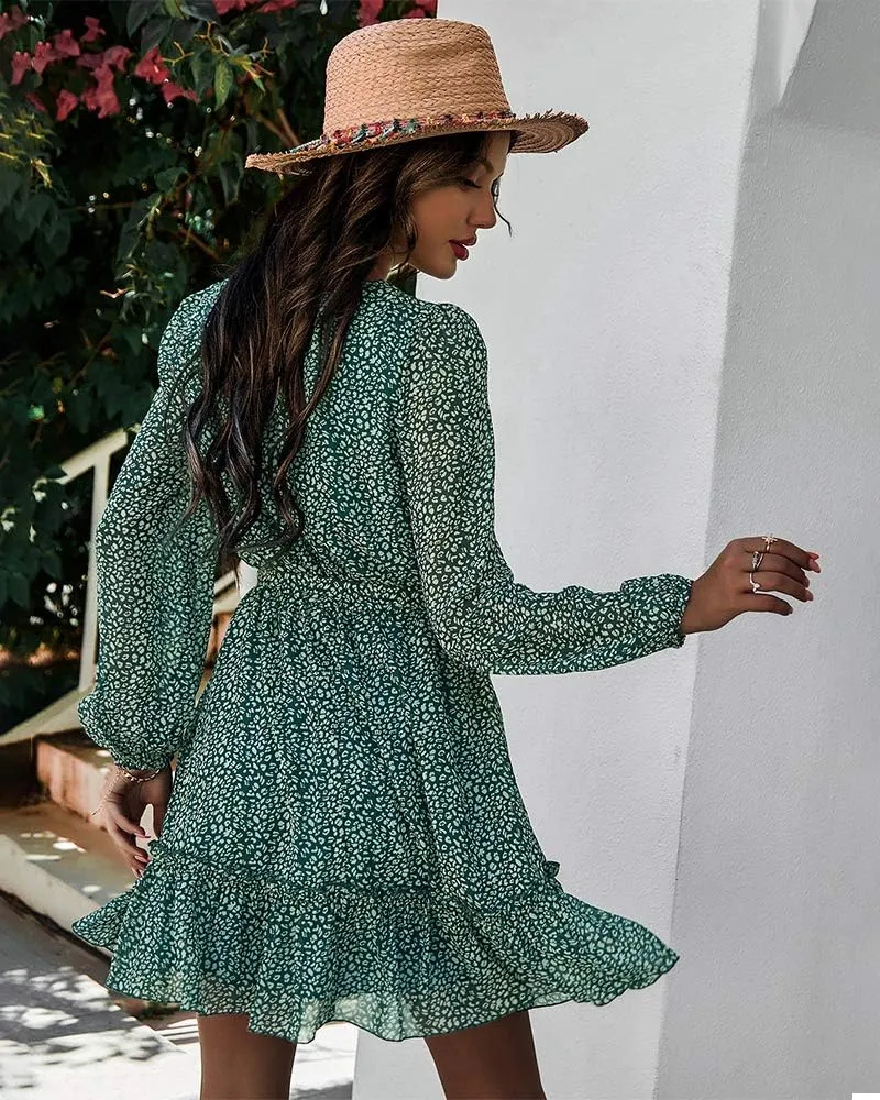 Women's Casual Floral Printed Ruffle Dress Waist Tie Roundneck Long Sleeve A Line Mini Dress