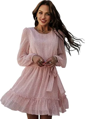 Women's Casual Floral Printed Ruffle Dress Waist Tie Roundneck Long Sleeve A Line Mini Dress