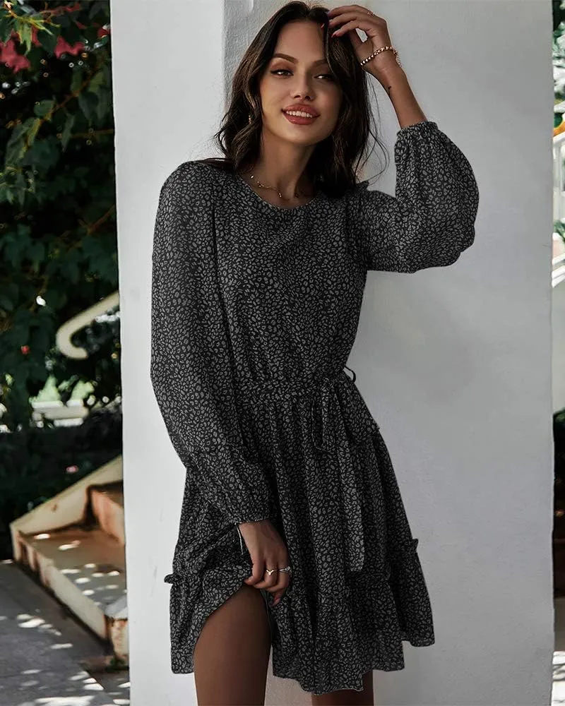 Women's Casual Floral Printed Ruffle Dress Waist Tie Roundneck Long Sleeve A Line Mini Dress