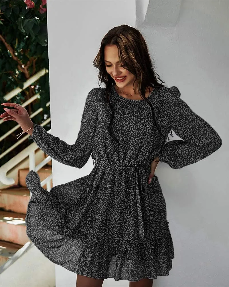Women's Casual Floral Printed Ruffle Dress Waist Tie Roundneck Long Sleeve A Line Mini Dress