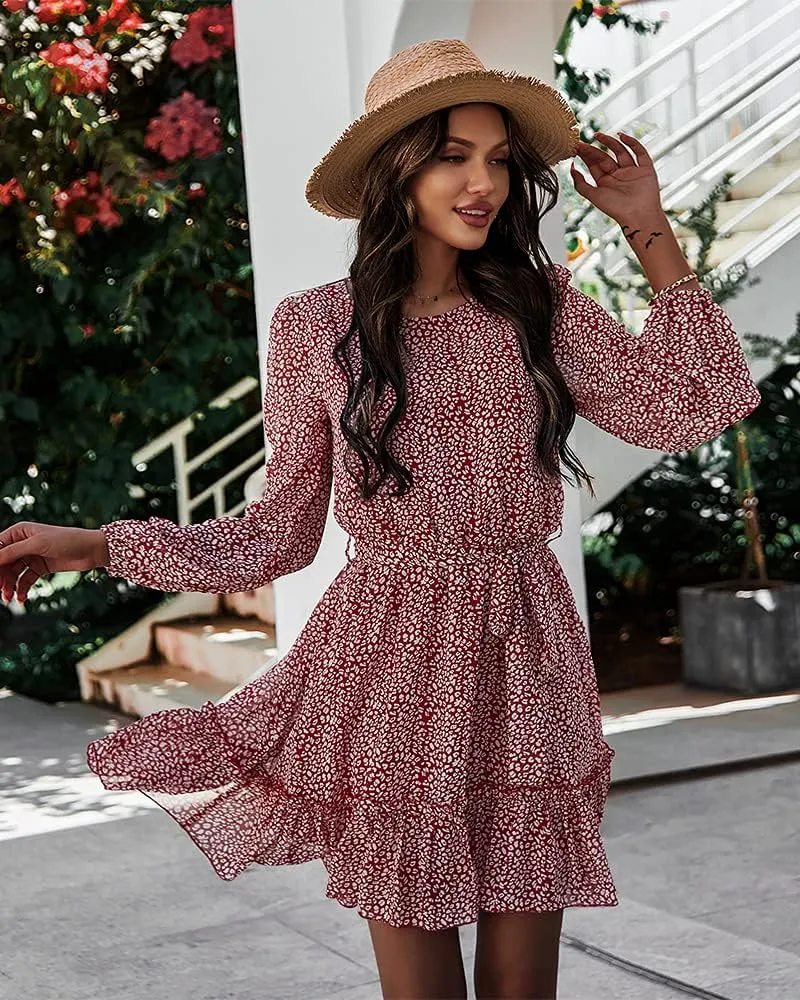 Women's Casual Floral Printed Ruffle Dress Waist Tie Roundneck Long Sleeve A Line Mini Dress