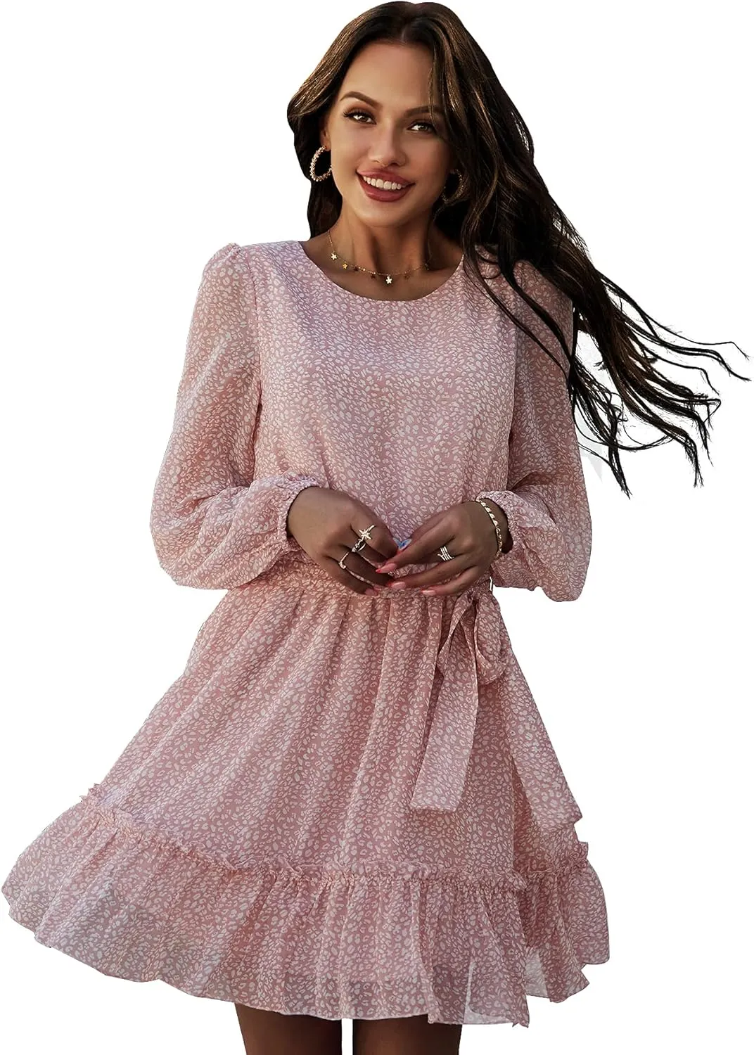 Women's Casual Floral Printed Ruffle Dress Waist Tie Roundneck Long Sleeve A Line Mini Dress