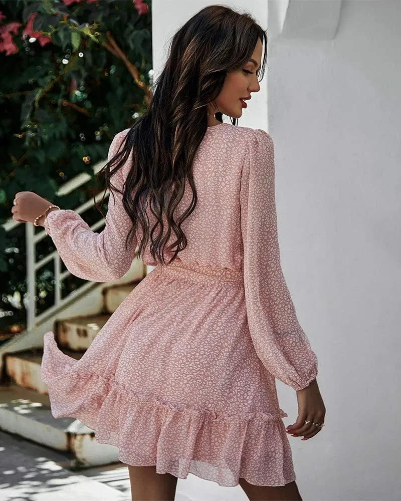 Women's Casual Floral Printed Ruffle Dress Waist Tie Roundneck Long Sleeve A Line Mini Dress