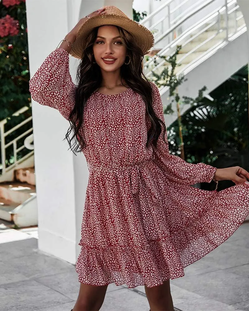 Women's Casual Floral Printed Ruffle Dress Waist Tie Roundneck Long Sleeve A Line Mini Dress
