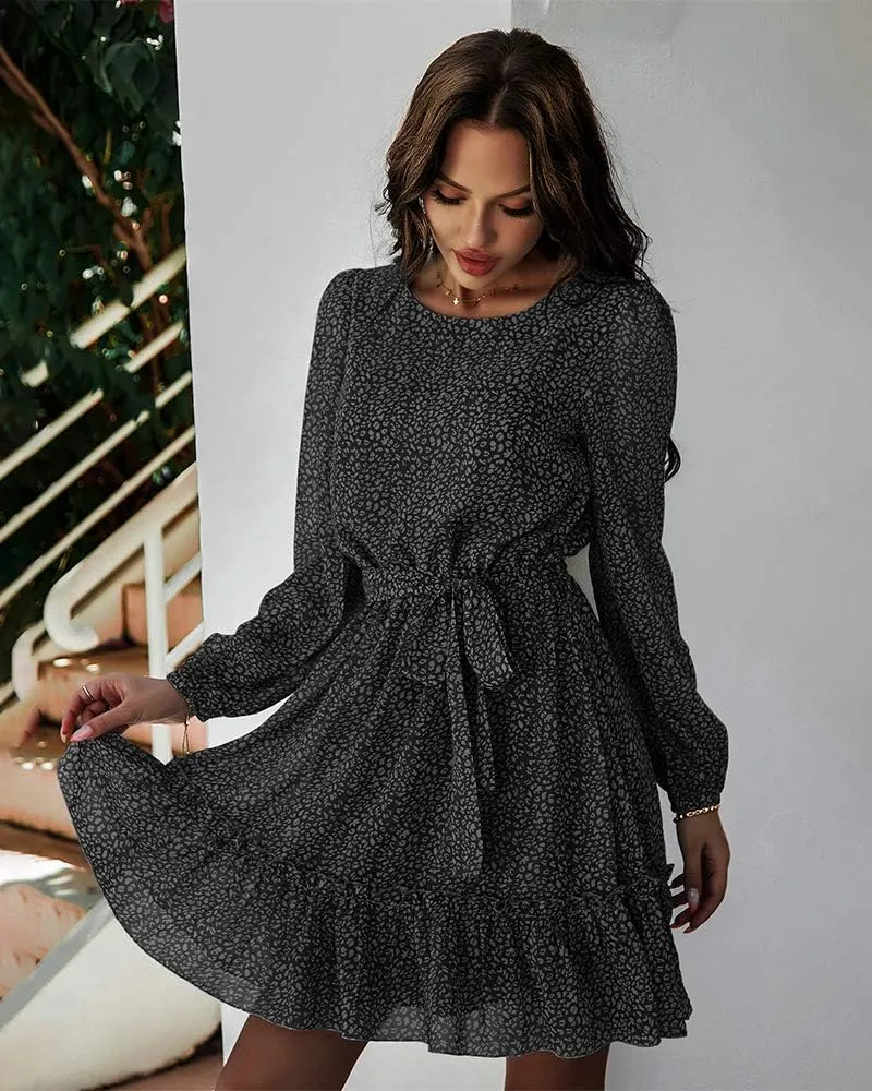 Women's Casual Floral Printed Ruffle Dress Waist Tie Roundneck Long Sleeve A Line Mini Dress