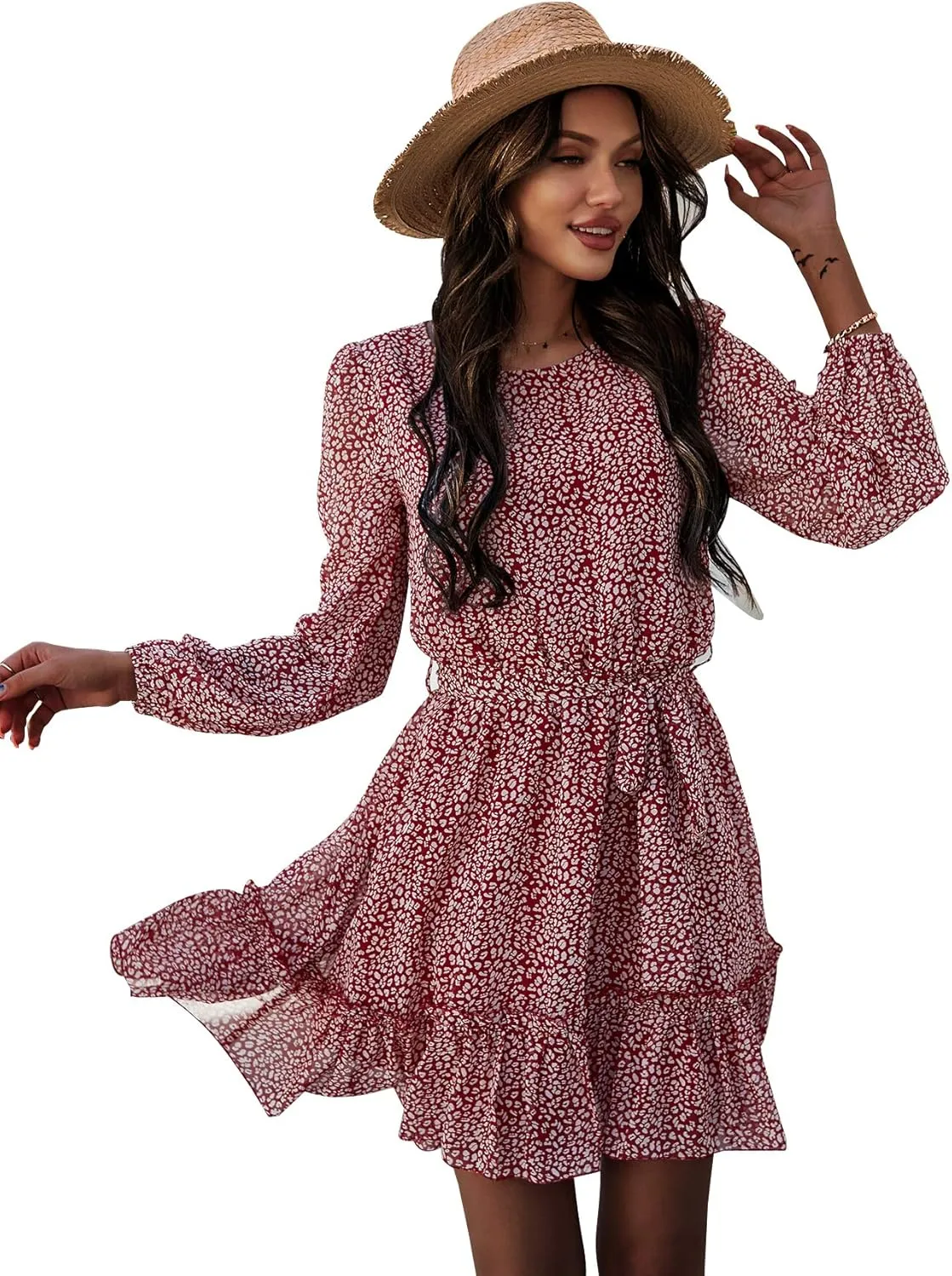 Women's Casual Floral Printed Ruffle Dress Waist Tie Roundneck Long Sleeve A Line Mini Dress