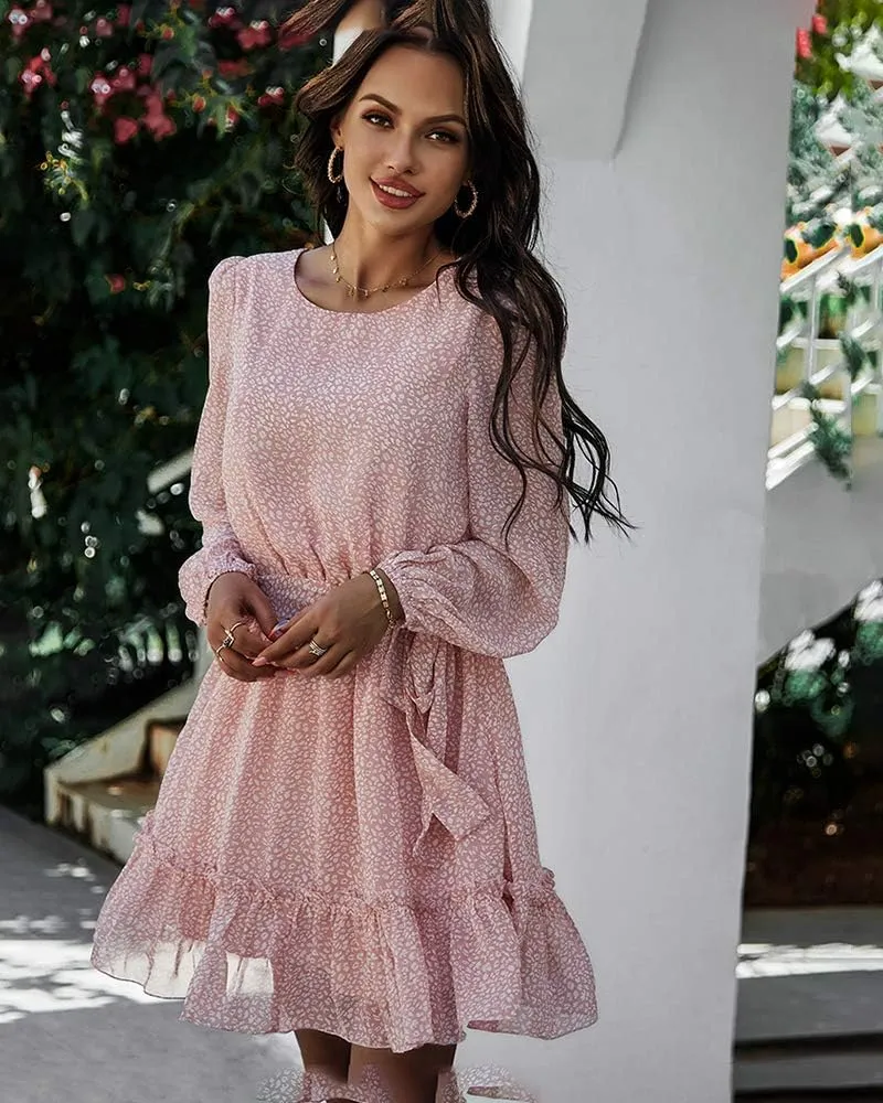 Women's Casual Floral Printed Ruffle Dress Waist Tie Roundneck Long Sleeve A Line Mini Dress