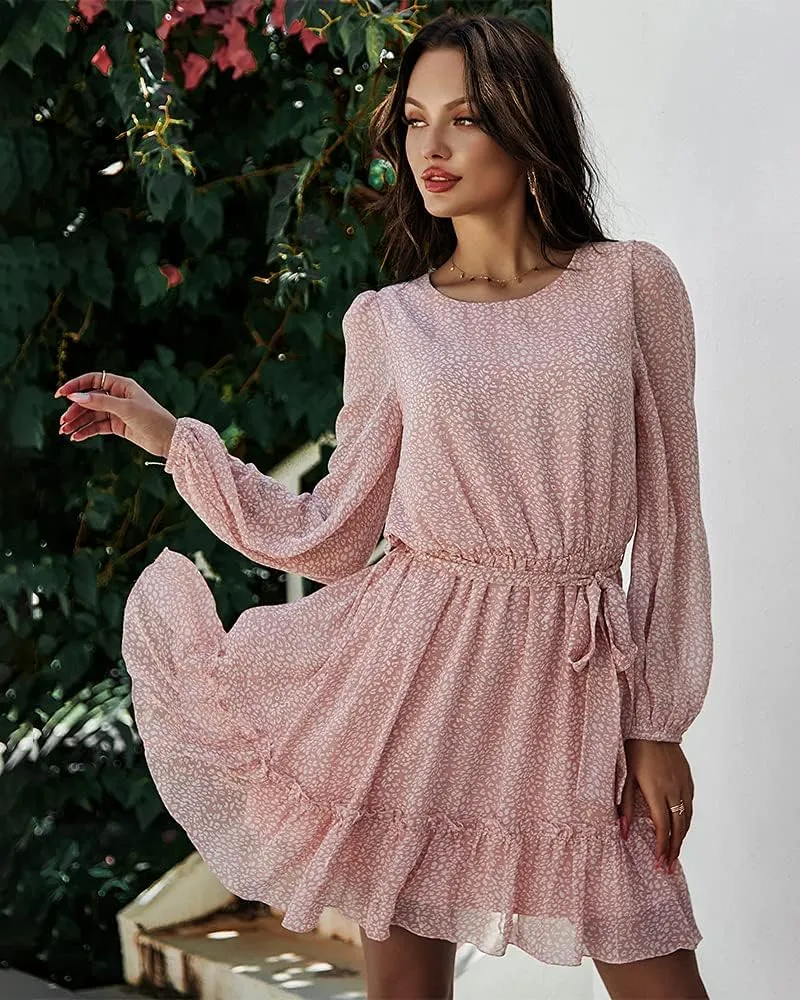 Women's Casual Floral Printed Ruffle Dress Waist Tie Roundneck Long Sleeve A Line Mini Dress