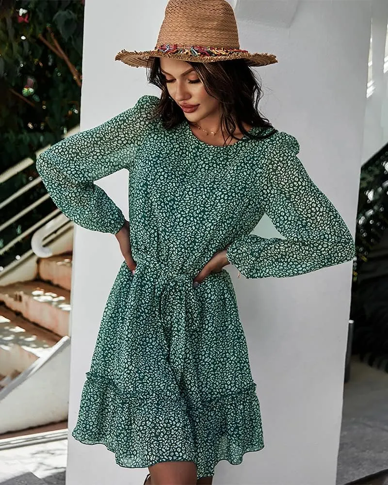 Women's Casual Floral Printed Ruffle Dress Waist Tie Roundneck Long Sleeve A Line Mini Dress